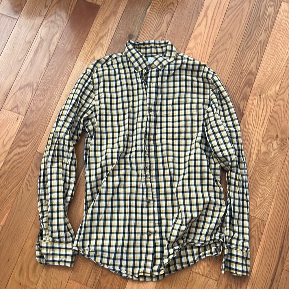EUC men’s medium tall, J.Crew button up shirt, blue, and yellow plaid